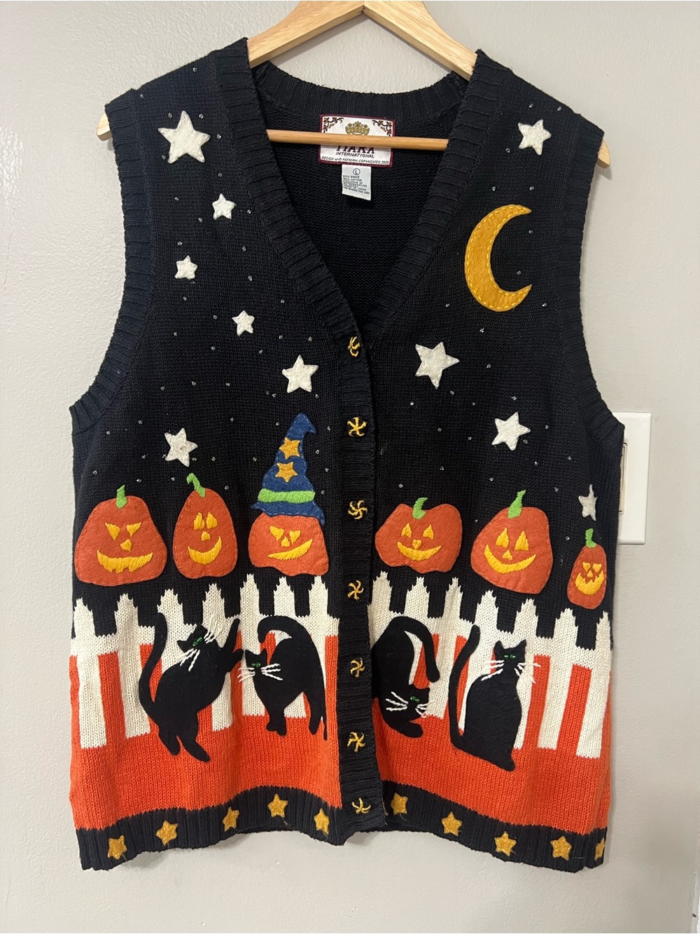 Vintage Tiara International Halloween Sweater Vest L Black Cat Pumpkin Witch Y2K